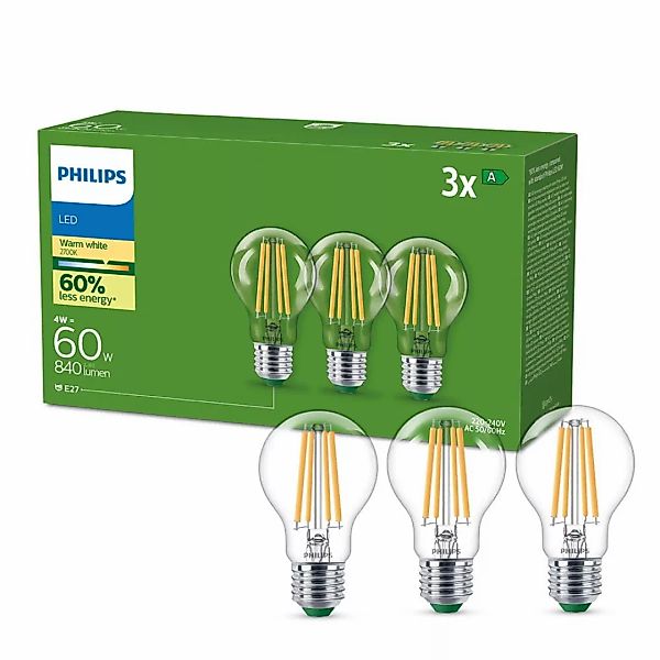 Philips E27 LED-Lampe A60 4W 840lm 2700K Filament 3er-Pack günstig online kaufen