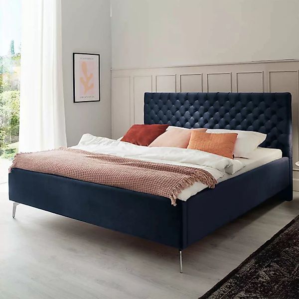 Komfortbett Stoff Blau aus Samt Gestell Metall Chrom günstig online kaufen