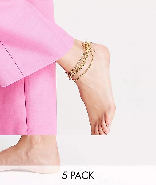 ASOS DESIGN – 5er-Pack Fußketten in Goldfarbton mit verschiedenen Kettendes günstig online kaufen