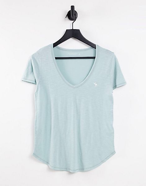 Abercrombie & Fitch – T-Shirt in Blau mit V-Ausschnitt und Logo günstig online kaufen