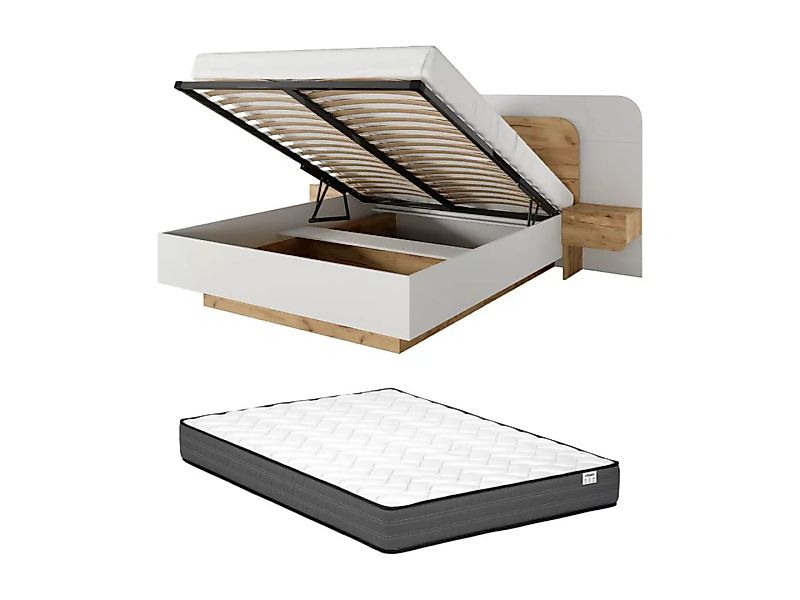Bettkasten mit Nachttischen 160 x 200 cm - Mit LEDs - Naturfarben und Weiß günstig online kaufen