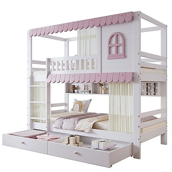 HAUSS SPOLE Etagenbett 90x200cm mit Vorhängen, Offenes Regal, 2 Schubladen günstig online kaufen