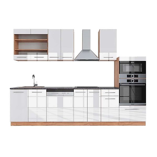 Vicco Fame-Line Küchenzeile Weiß Hochglanz/Goldkraft Eiche 300 cm mit Hochs günstig online kaufen