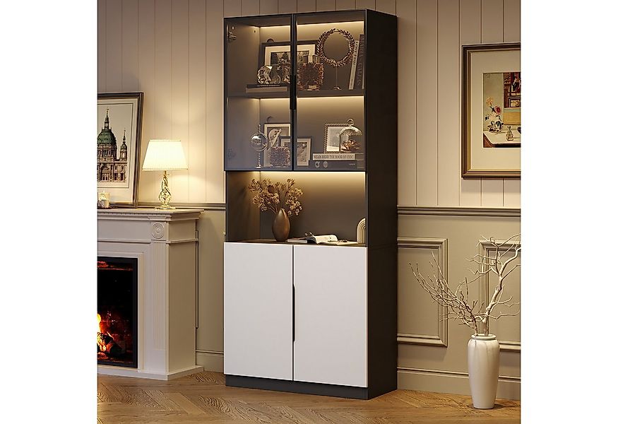 HAUSS SPOLE Vitrine mit Glastüren, LED-Leuchten, weiße Türen mit schwarzer günstig online kaufen