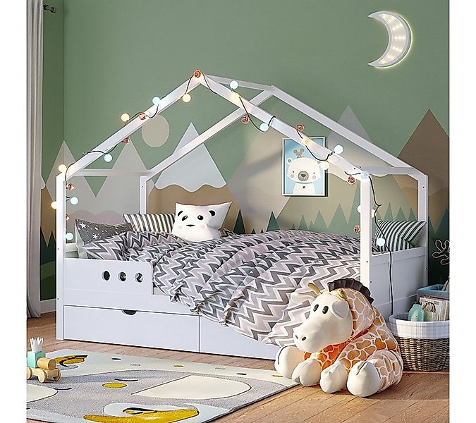 Bellabino Hausbett Bela 90x200 cm aus Massivholz Kiefer (weiß mit 1 Schubla günstig online kaufen