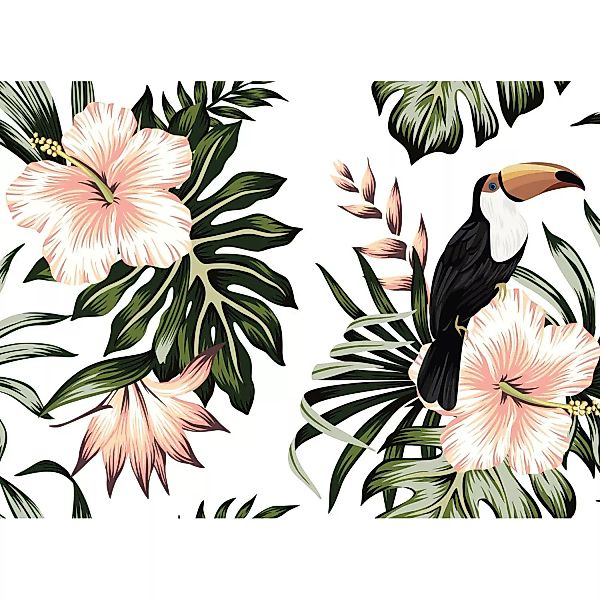 Fototapete Blumen Palmen Vögel Weiß Rosa Grün 3,50 m x 2,55 m FSC® günstig online kaufen
