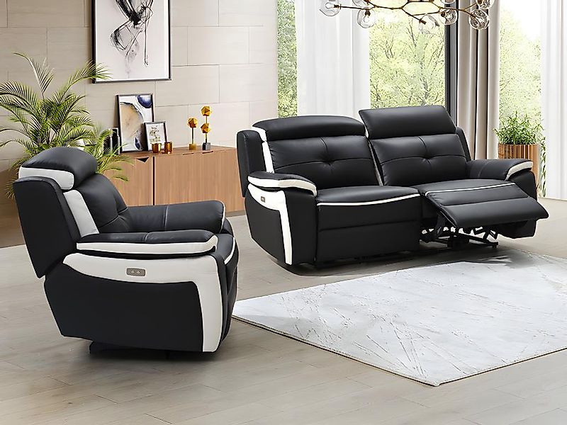 Relaxsofagarnitur Leder elektrisch 3+1 - Schwarz & Weiß - ANGELIQUE günstig online kaufen