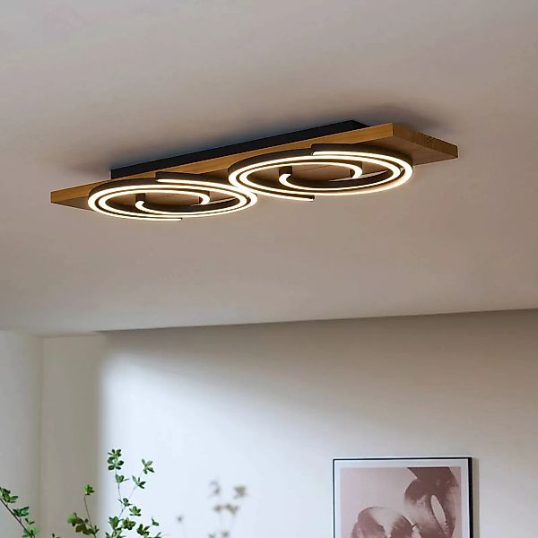 LED-Deckenleuchte Rifia, braun, Länge 70 cm, 2-flg. Holz günstig online kaufen