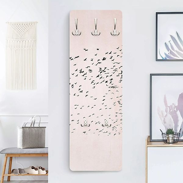 Wandgarderobe Holzpaneel Vogelschwarm im Sonnenuntergang günstig online kaufen