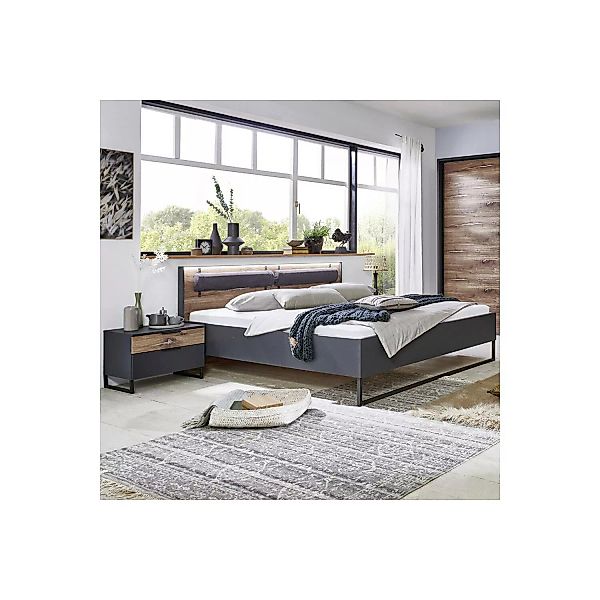 Doppelbett mit Nachttisch 2er Set WISMAR-43 in graphit mit Flagstaff Eiche günstig online kaufen