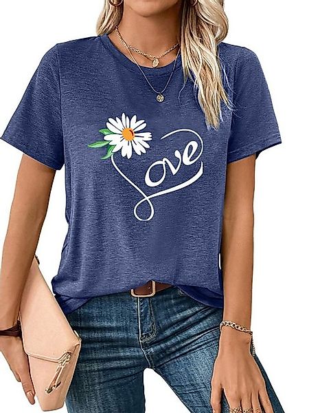 PYL Rundhalsshirt Damen bequemes Sommer Kurzarmbluse Locker Gänseblümchen P günstig online kaufen