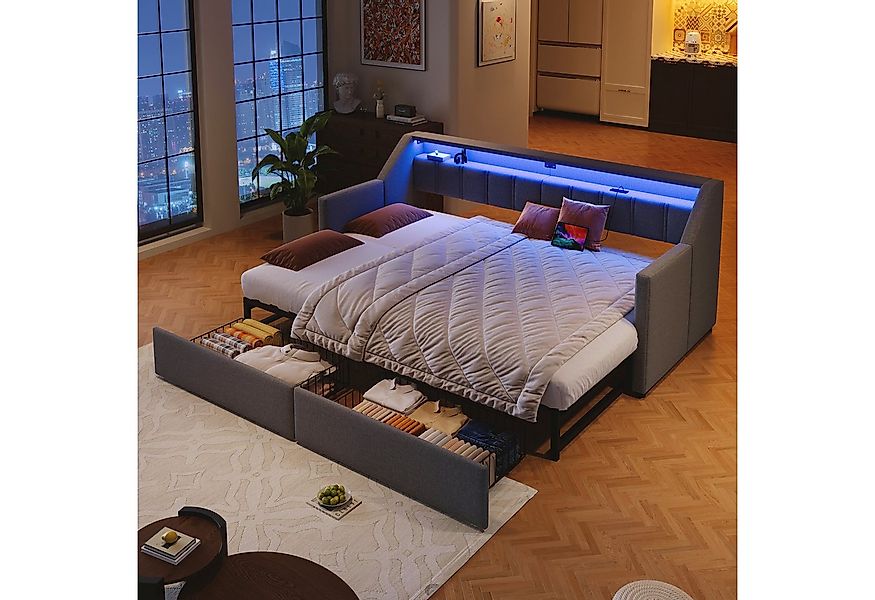 Flieks Daybett, Polsterbett 90/180x200cm mit USB-Aufladen, LED-Leiste und 2 günstig online kaufen