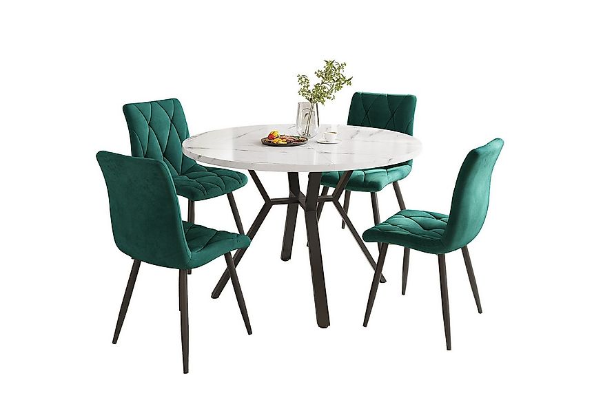 i@home Essgruppe rundes Esstisch aus Marmor mit 4 Samtstühle, grau/schwarz/ günstig online kaufen