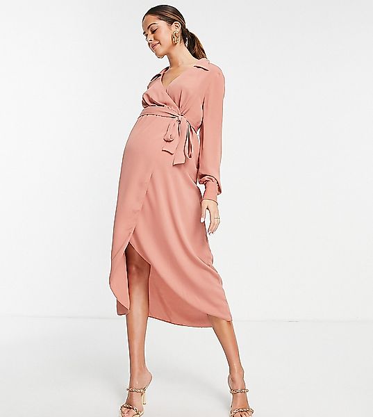 ASOS DESIGN Maternity – Midi-Wickelkleid in Terrakotta mit Kragen und Binde günstig online kaufen