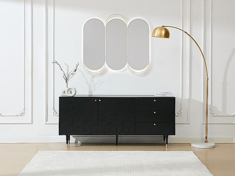 Sideboard mit 2 Türen & 3 Schubladen - Eichenfurnier - Schwarz & Goldfarben günstig online kaufen