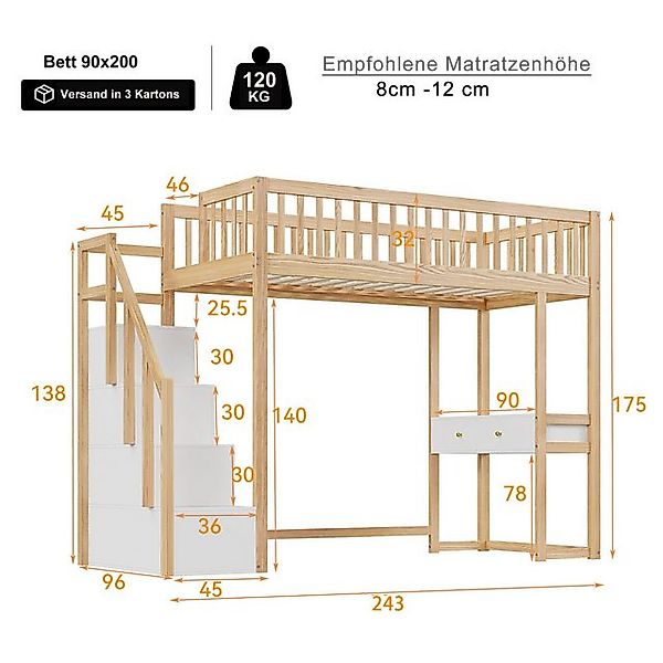 Flieks Hochbett Massivholz Kinderbett 90x200cm mit Tisch und Stauraumtreppe günstig online kaufen
