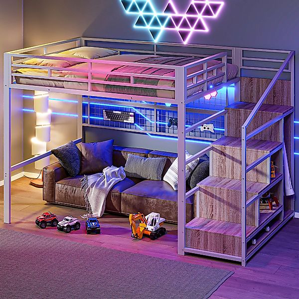 Ulife Hochbett Jugendbett mit LED-Beleuchtung, Kleiderschrank, günstig online kaufen