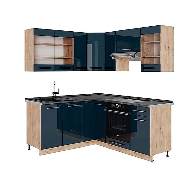 Vicco Fame-Line Eckküche Dunkelblau Hochglanz/Goldkraft Eiche 160 x 190 cm günstig online kaufen