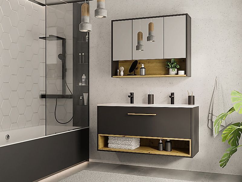 Waschbeckenunterschrank hängend - Anthrazit - mit Einbauwaschtisch & Spiege günstig online kaufen