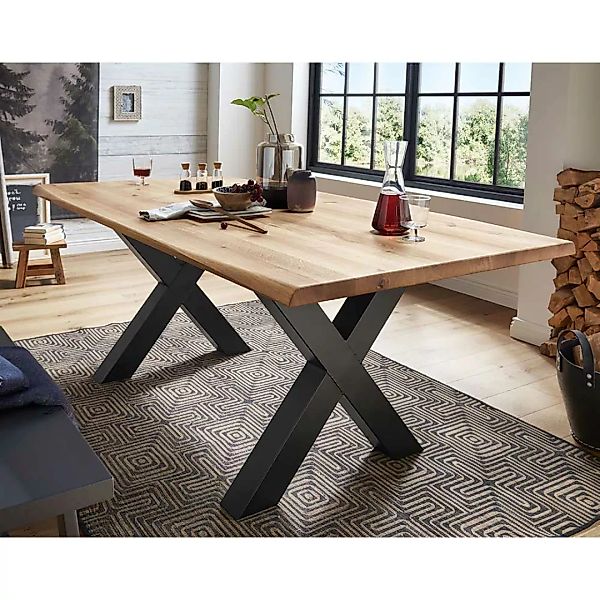 Esszimmer Tisch aus Wildeiche Massivholz und Stahl X-Fußgestell günstig online kaufen