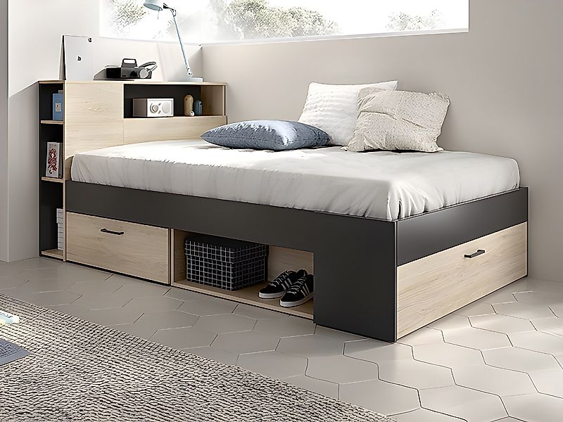 Bett mit Kopfteil, Stauraum & Schubladen - 120 x 190 cm - Holzfarben & Anth günstig online kaufen