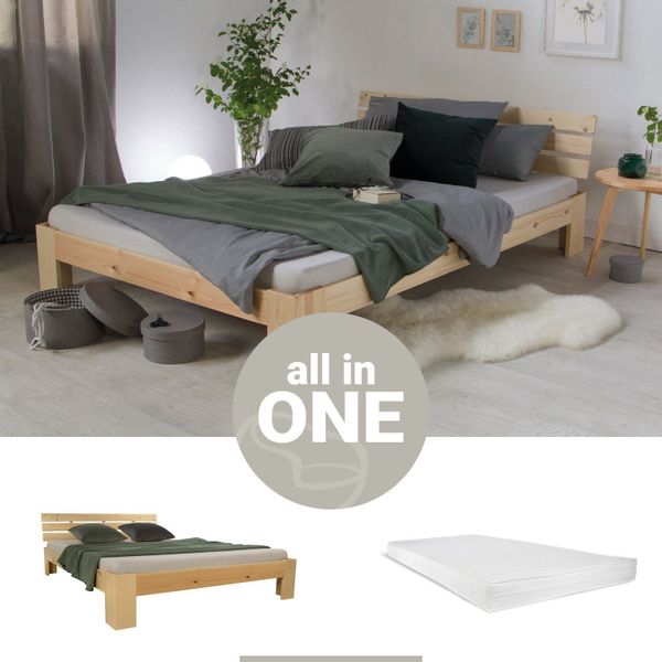 Homestyle4u Holzbett 140 x 200 cm mit Lattenrost und Matratze in Braun 2264 günstig online kaufen