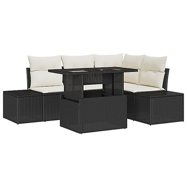 vidaXL Loungesofa 5-teiliges Gartensofa-Set mit Kissen Schwarz Poly Rattan, günstig online kaufen