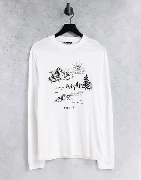 ASOS DESIGN – Langärmliges Shirt aus Bio-Baumwolle in Weiß mit Berg-Print günstig online kaufen