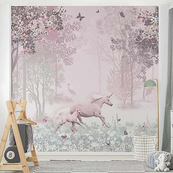 Bilderdepot24 Kindertapete Kinderzimmer Einhorn Blumenwiese Rosa Kinder Wan günstig online kaufen