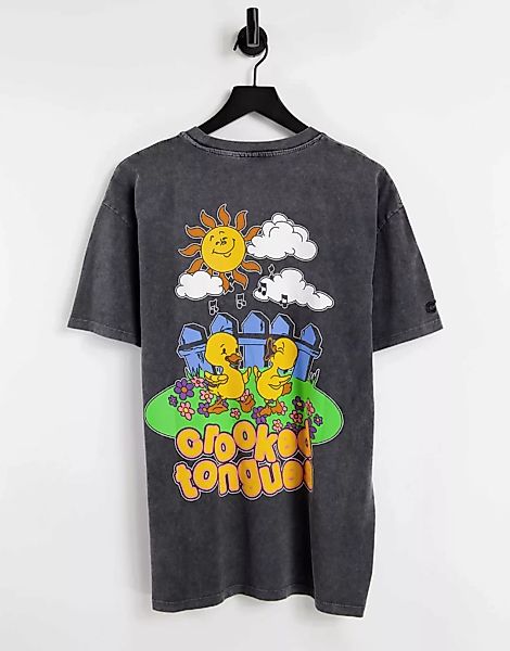 Crooked Tongues – T-Shirt mit „Duck Garden“-Print in verwaschenem Schwarz günstig online kaufen