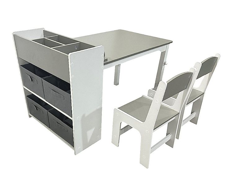 habeig Kindertisch Möbelset 2 Stühlen und Regalschrank 4 Stoffkörbe Grau/We günstig online kaufen