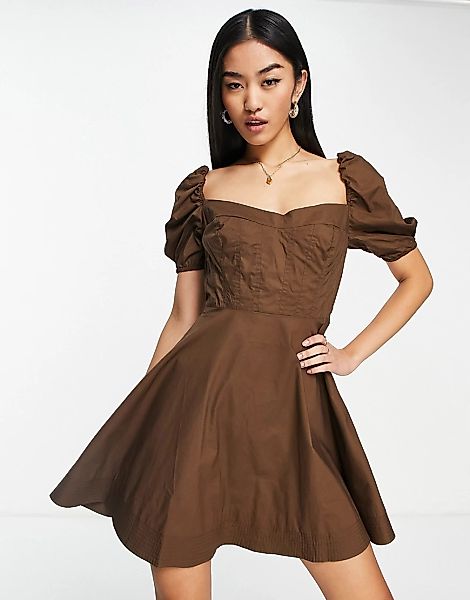 Bardot – Minikleid in Schokoladenbraun mit Korsettdetail und Puffärmeln günstig online kaufen