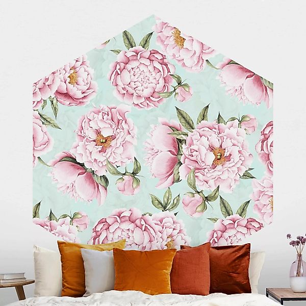 Hexagon Mustertapete Rosa Blumen auf Mint als Aquarell günstig online kaufen