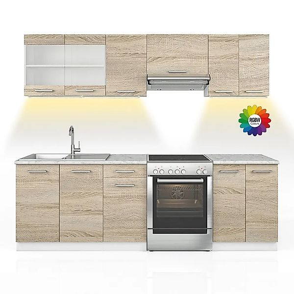 Vicco Raul Küchenzeile Sonoma 240 cm AP Marmor mit LED-LeistenRaul ohne E-G günstig online kaufen