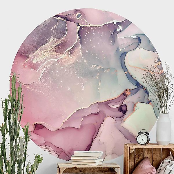 Runde Tapete selbstklebend Aquarell Pastell Rosa mit Gold günstig online kaufen