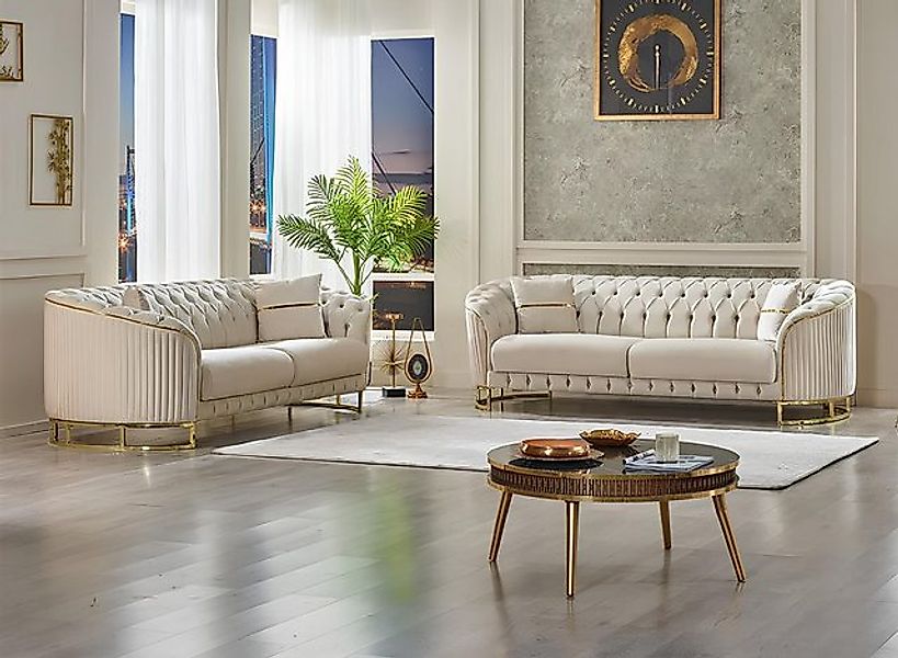 JVmoebel Sofa Wohnzimmer Sofa Dreisitzer Couch 2x Sofas Chesterfield Weiß, günstig online kaufen