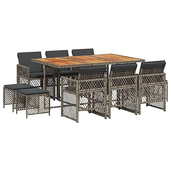 vidaXL 11-Tlg Garten-Essgruppe mit Kissen Grau Poly Rattan 3210794 günstig online kaufen