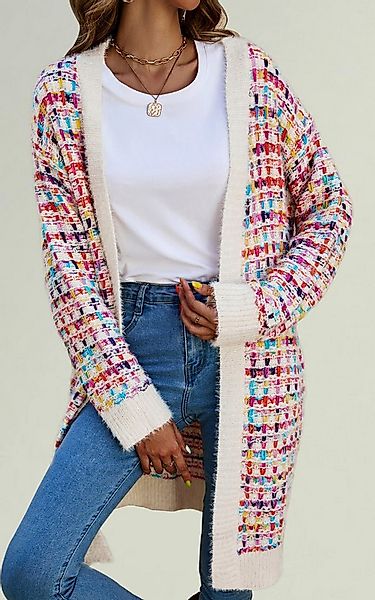 FS Collection Longstrickjacke Bouclé Strickjacke Cardigan mit Karomuster – günstig online kaufen
