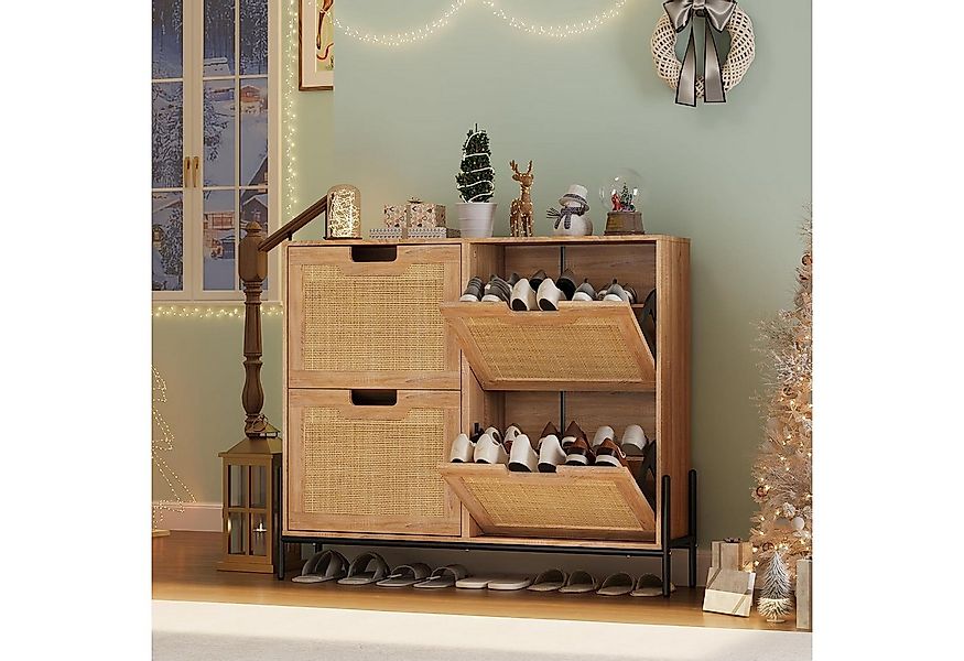 GarveeMore Schuhschrank Rattan mit 4 Klappen,Schmal Schuhkipper,100x24x88cm günstig online kaufen