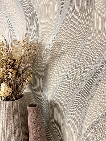 Newroom Vliestapete, Beige Tapete Streifen Wellen - Wellenmuster Metallic G günstig online kaufen
