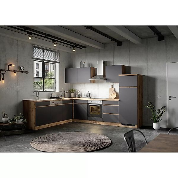 Held Möbel Winkelküche Turin 240 x 300 cm Graphit-Wotaneiche mit E-Geräten günstig online kaufen