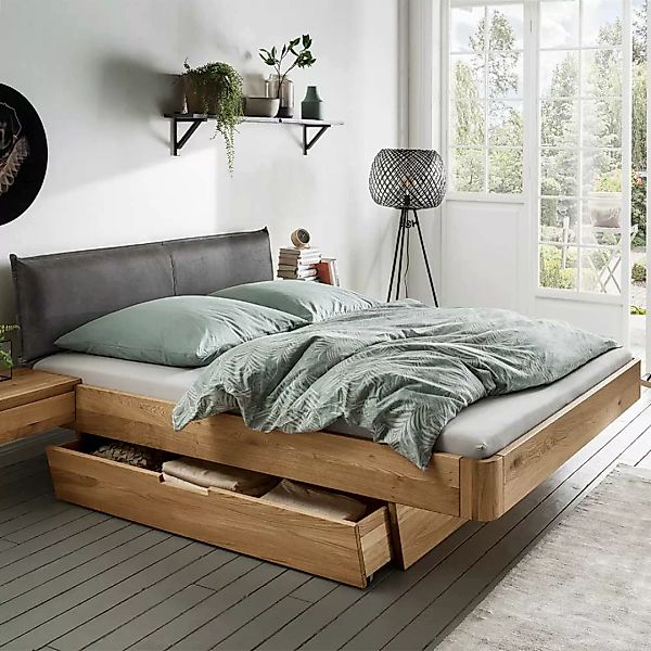 Bett mit Schublade aus Wildeiche Massivholz Kopfteil gepolstert günstig online kaufen