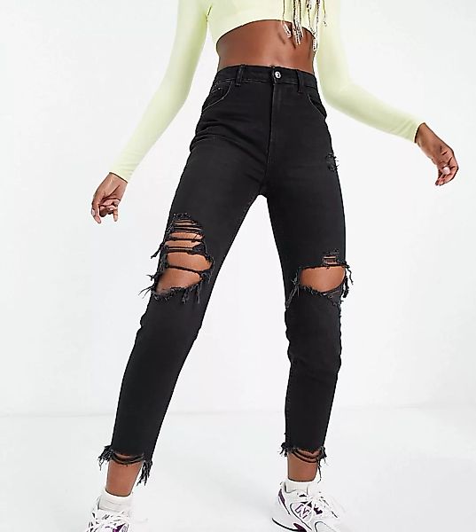 Bershka Tall – Mom-Jeans aus Bio-Baumwolle mit Zierrissen und ausgefranstem günstig online kaufen