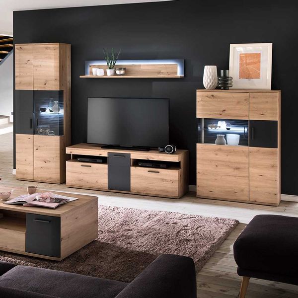 Wohnzimmer Anbauwand in Anthrazit und Eichefarben 330 cm breit (vierteilig) günstig online kaufen