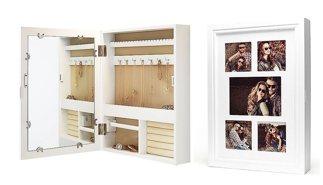 Levandeo® Schmuckkasten, Schmuckschrank Weiß Bilderrahmen 5 Fotos Spiegel M günstig online kaufen