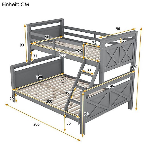Flieks Etagenbett, Kinderbett mit Leiter und Lattenrost 90x200cm+140x200cm günstig online kaufen