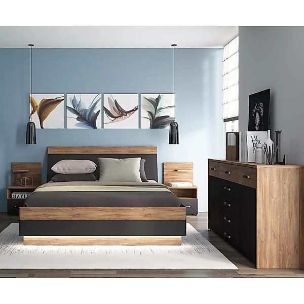 Schlafzimmer Set 4-teilig MANAGUA-129 mit Bett 140x200 in Eiche mit schwarz günstig online kaufen