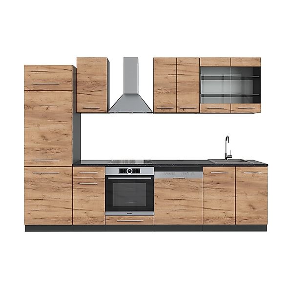 Vicco Fame-Line Küchenzeile Goldkraft Eiche/Anthrazit 300 cm ohne Arbeitspl günstig online kaufen