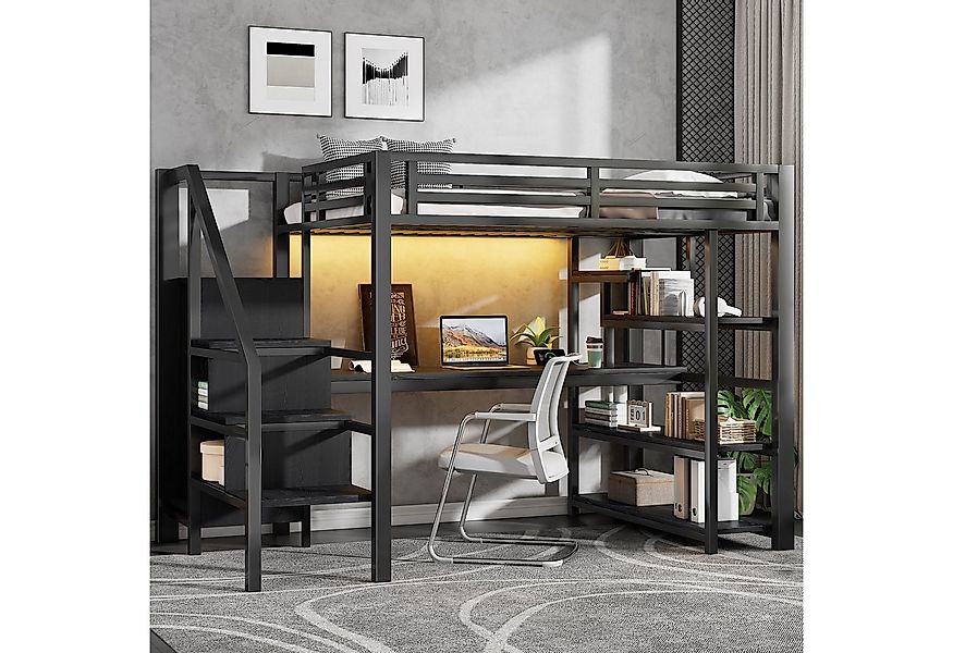 Flieks Hochbett Kinderbett Metall 140x200cm mit Treppe Schreibtisch Regal L günstig online kaufen