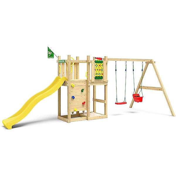 Jungle Gym Spielturm Ledge Holz mit Doppelschaukel Tic Tac Toe Rutsche Gelb günstig online kaufen